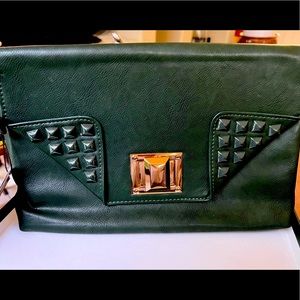 MMS design studio green clutch with gold hardware